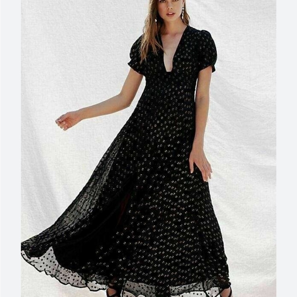 Vintage Free People black clip dot maxi dress front split chiffon sz 8